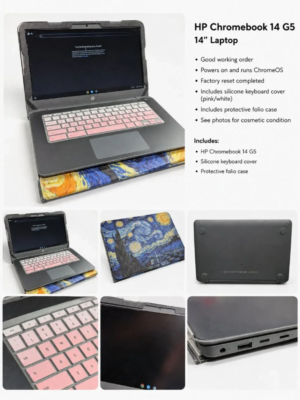 HP Chromebook 14-ca061dx 14in Gray N3350 4GB 32GB Charger Case